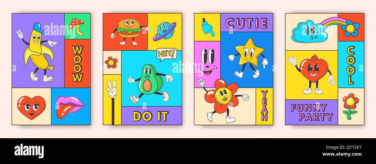 Poster per mascotte alla moda. Cartoon divertente retro personaggi carte quadrate su poster psichedelico, trippy groovy fiore brillante pazzo astratto arte 70s doodle cuore stella illustrazione vettore di personaggio mascotte Illustrazione Vettoriale