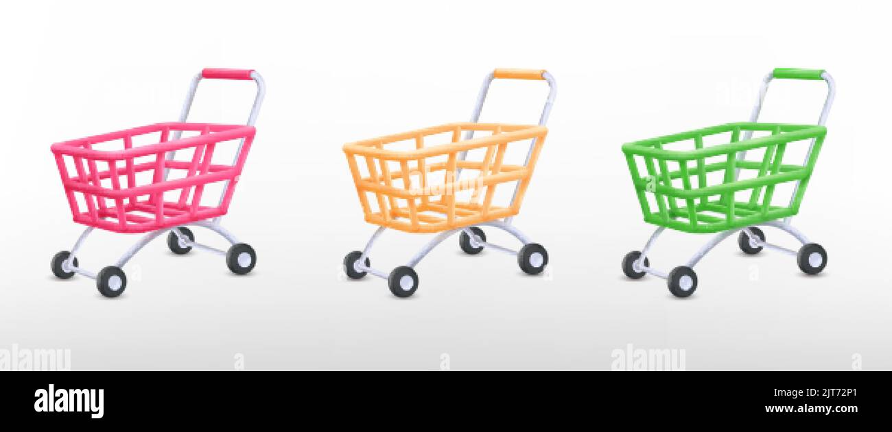 3d tram supermercato. Rendete carrello vuoto ipermercato carrello vuoto, isolato plastilina plastica ruota carrelli consegna negozio regalo ecommerce consumismo, ordinato vettore illustrazione del carrello acquisto negozio Illustrazione Vettoriale