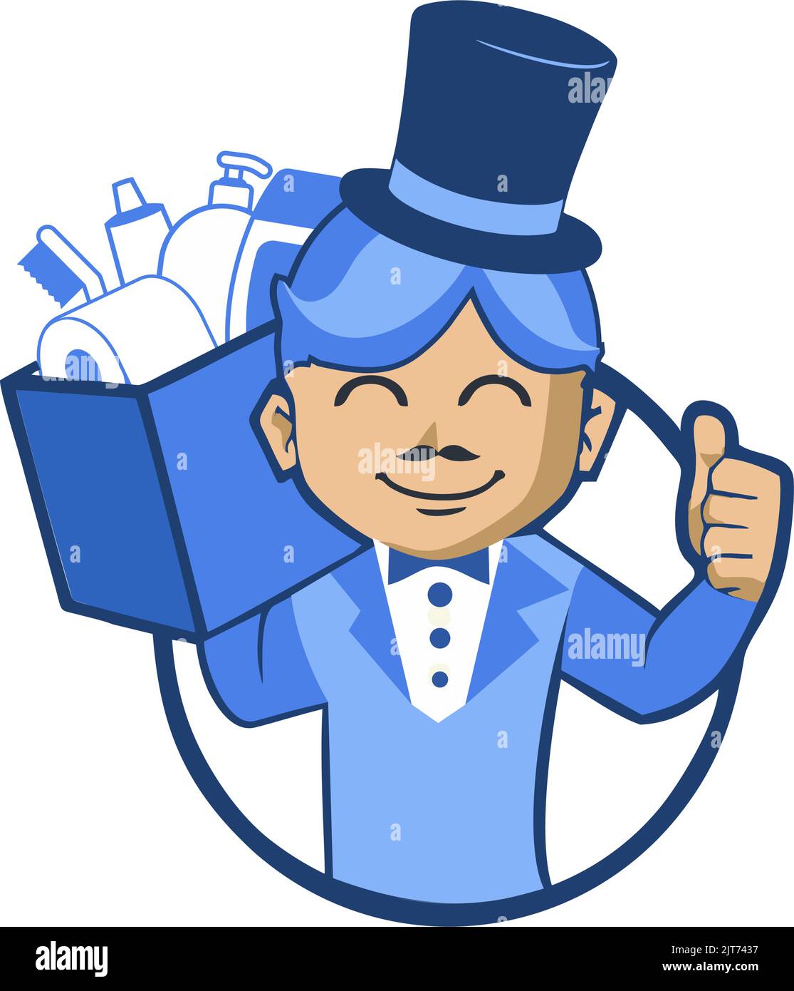 Un logo un cameriere in tuta classica che tiene una scatola di oggetti isolati su uno sfondo bianco, modificabile Illustrazione Vettoriale