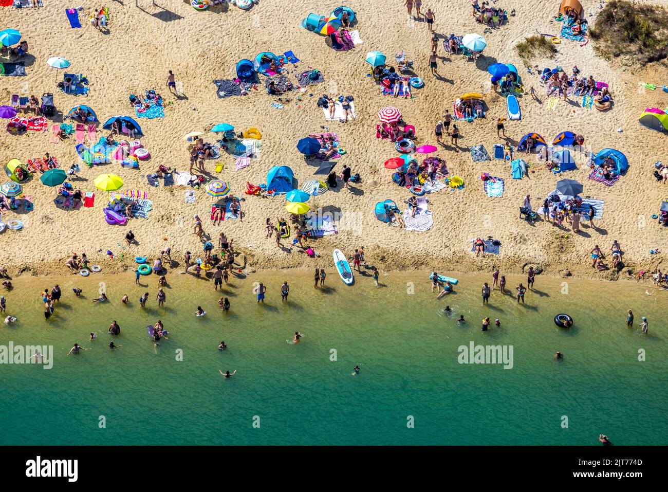 Foto aerea bagnanti nel lago d'argento Haltern vicino a Sythen, corsa verso l'acqua turchese a oltre 30 gradi, Lehmbraken, Haltern am See, Ruhr zona, No Foto Stock