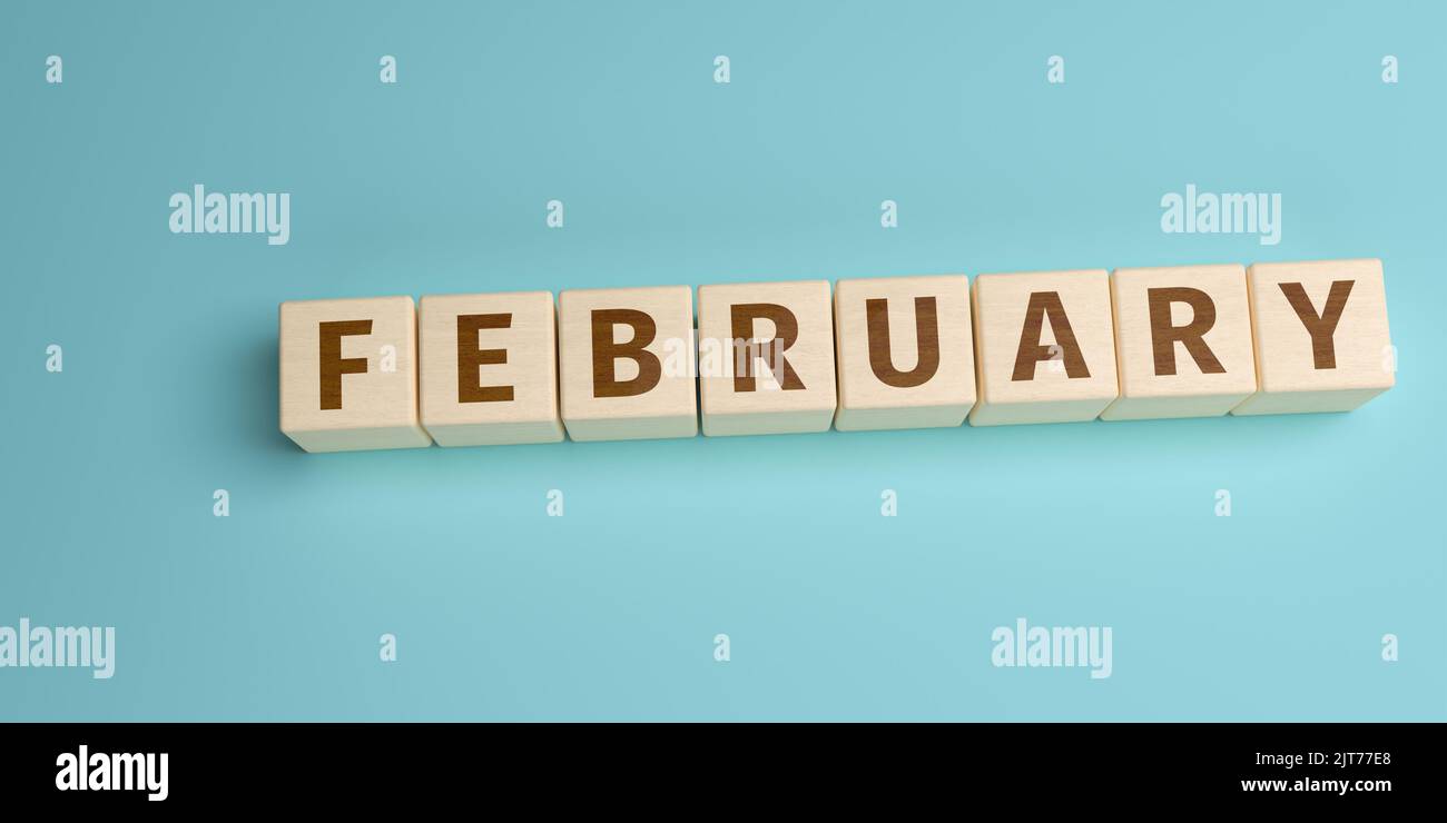 La parola febbraio costruito da lettere su cubi di legno. Vista ad angolo alto con spazio di copia Foto Stock