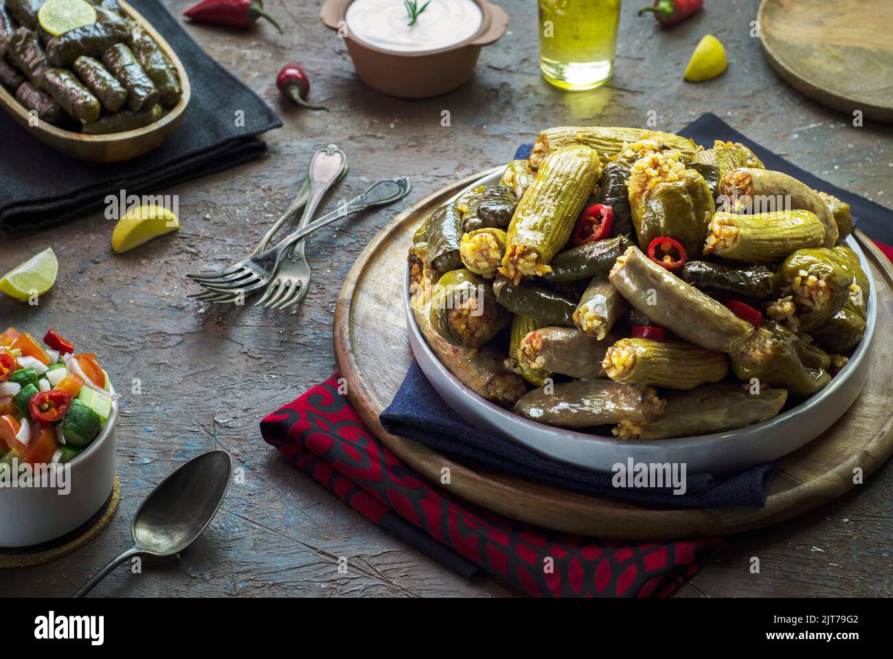 Cucina araba; piatto tradizionale egiziano 'Mahshy' o 'Dolma'. Zucchine farcite, melanzane, pomodori, peperoni e foglie di vite. Foto Stock