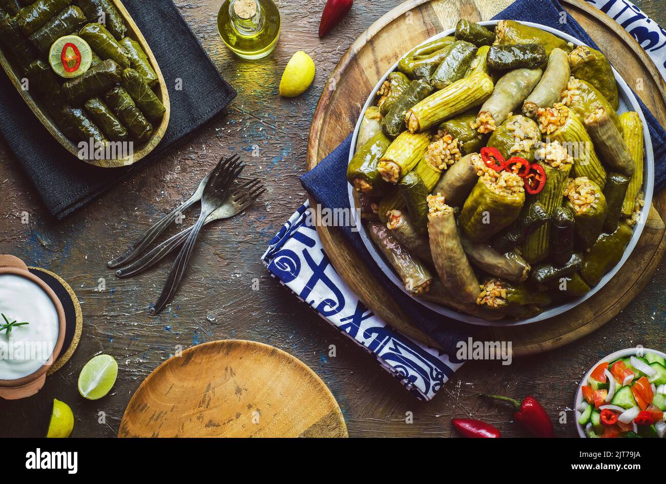 Cucina araba; piatto tradizionale egiziano 'Mahshy' o 'Dolma'. Zucchine farcite, melanzane, pomodori, peperoni e foglie di vite. Foto Stock
