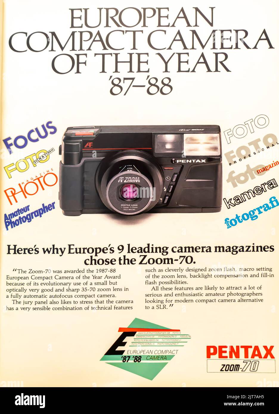 Pentax Zoom-70 fotocamera compatta annuncio inserito in una rivista NatGeo, dicembre 1987 Foto Stock