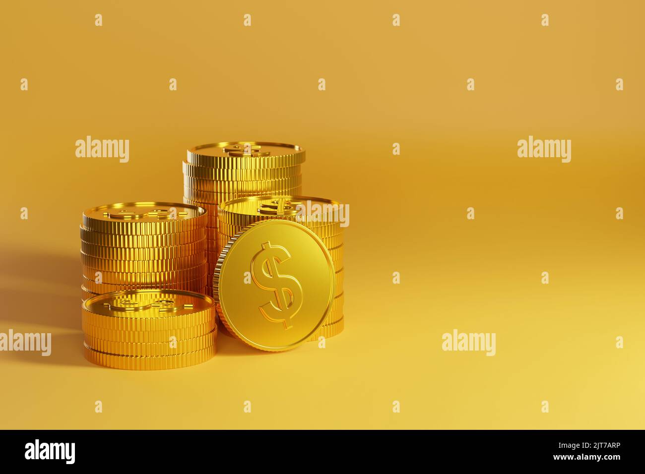 Monete d'oro con simbolo del dollaro su sfondo giallo con spazio copia. illustrazione 3d. Foto Stock