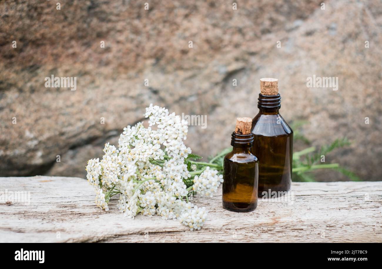 Piccolo flacone marrone su sfondo naturale con fiori di giarrettino bianco. Foto Stock