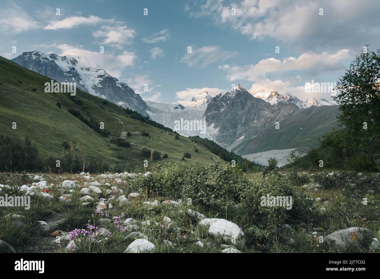 Una vista incredibile sul Ghiacciaio Shkhara nella catena montuosa del Caucaso maggiore in Georgia, nella regione di Svaneti, Ushguli. Montagne innevate. Monte Shkhar Foto Stock