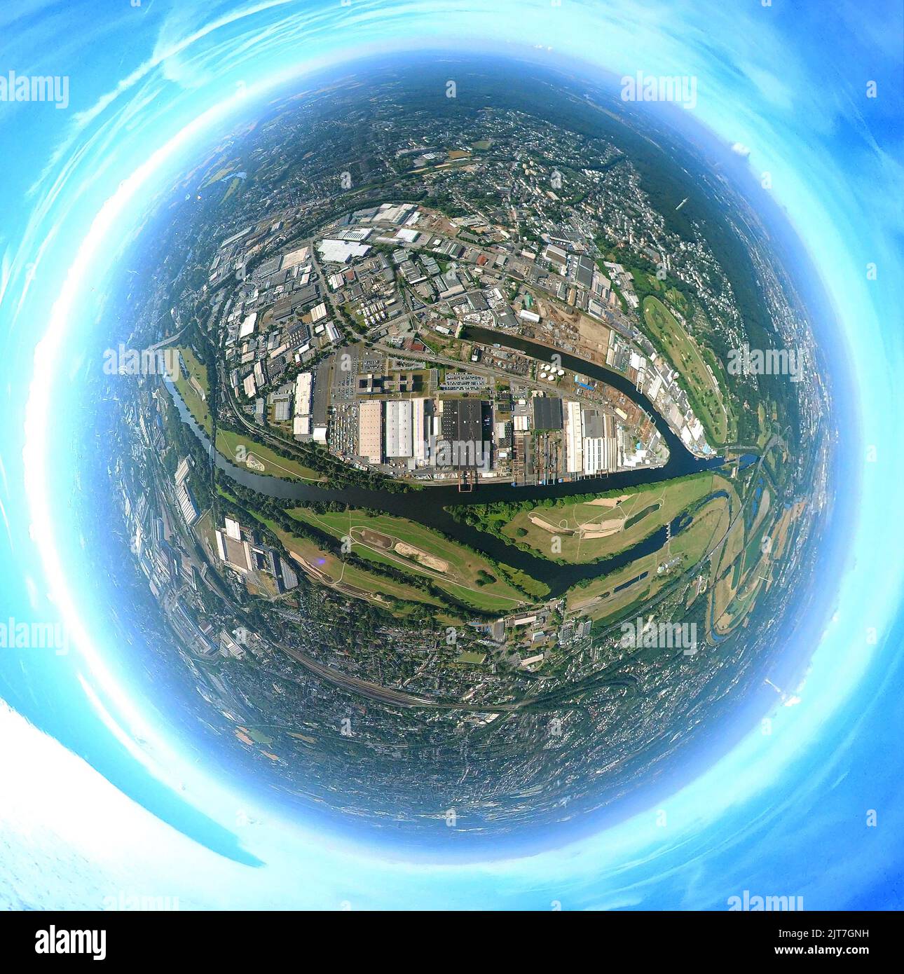 Fotografia aerea, porto Reno-Ruhr Mülheim, Ruhr, corso della Ruhr, zone di estrazione dell'acqua, acquedotto Mülheim, zona industriale, Speldorf, Mülheim a Foto Stock