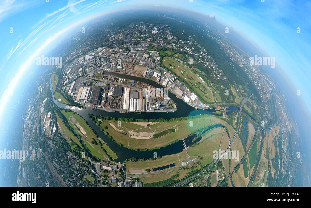 Fotografia aerea, porto Reno-Ruhr Mülheim, Ruhr, corso della Ruhr, zone di estrazione dell'acqua, acquedotto Mülheim, zona industriale, Speldorf, Mülheim a Foto Stock