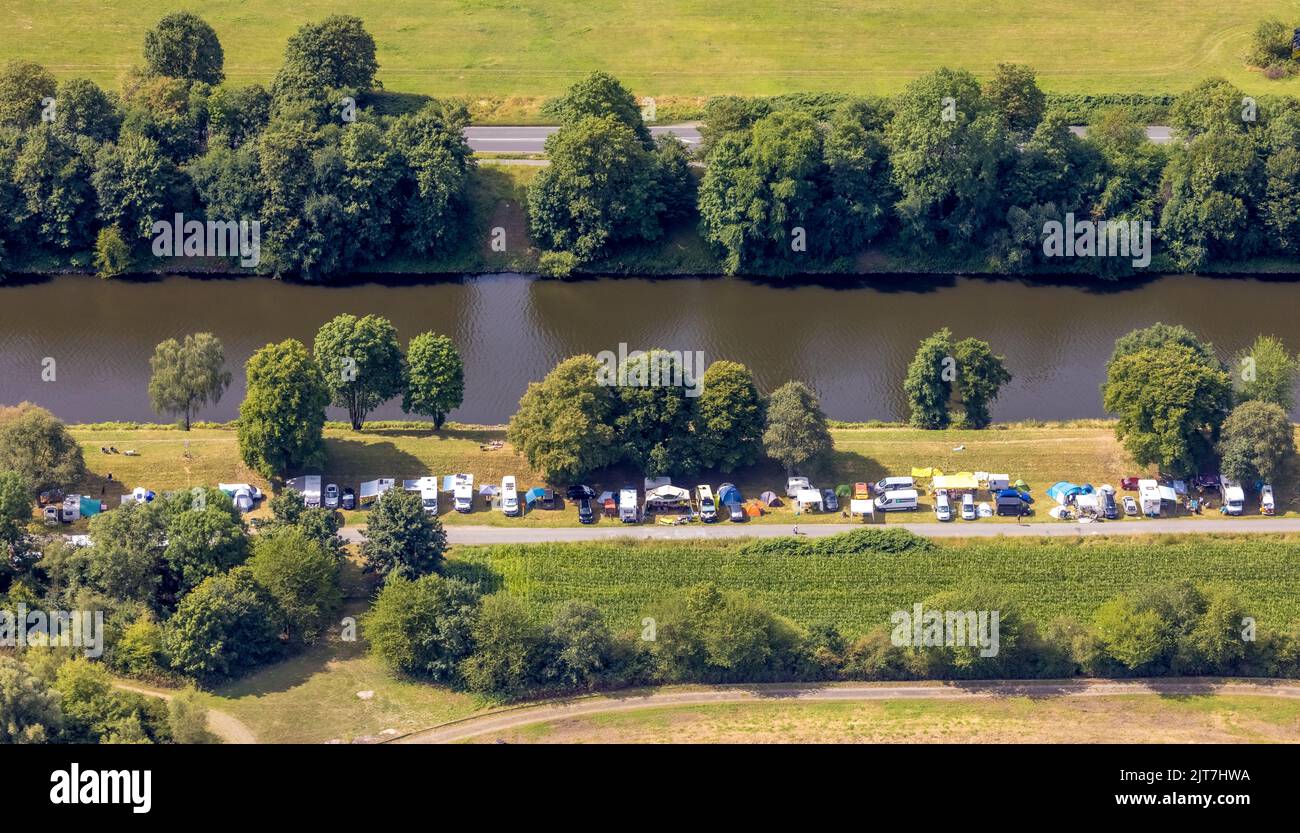 Vista aerea, campeggio con tende e case mobili al fiume Ruhr, Speldorf - Northwest, Mülheim an der Ruhr, Ruhr zona, Nord Reno-Westfalia, Germ Foto Stock