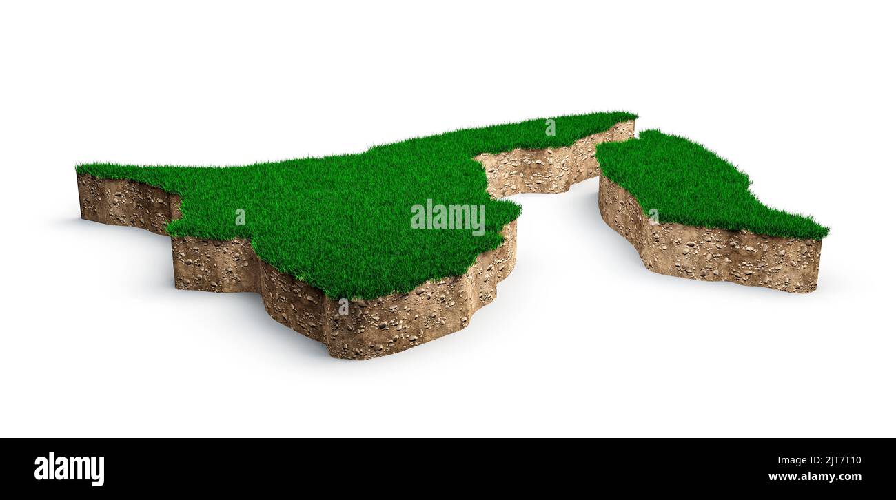 A 3D Brunei Darussalam Mappa terreno geologia sezione trasversale con erba verde e terreno roccioso Foto Stock