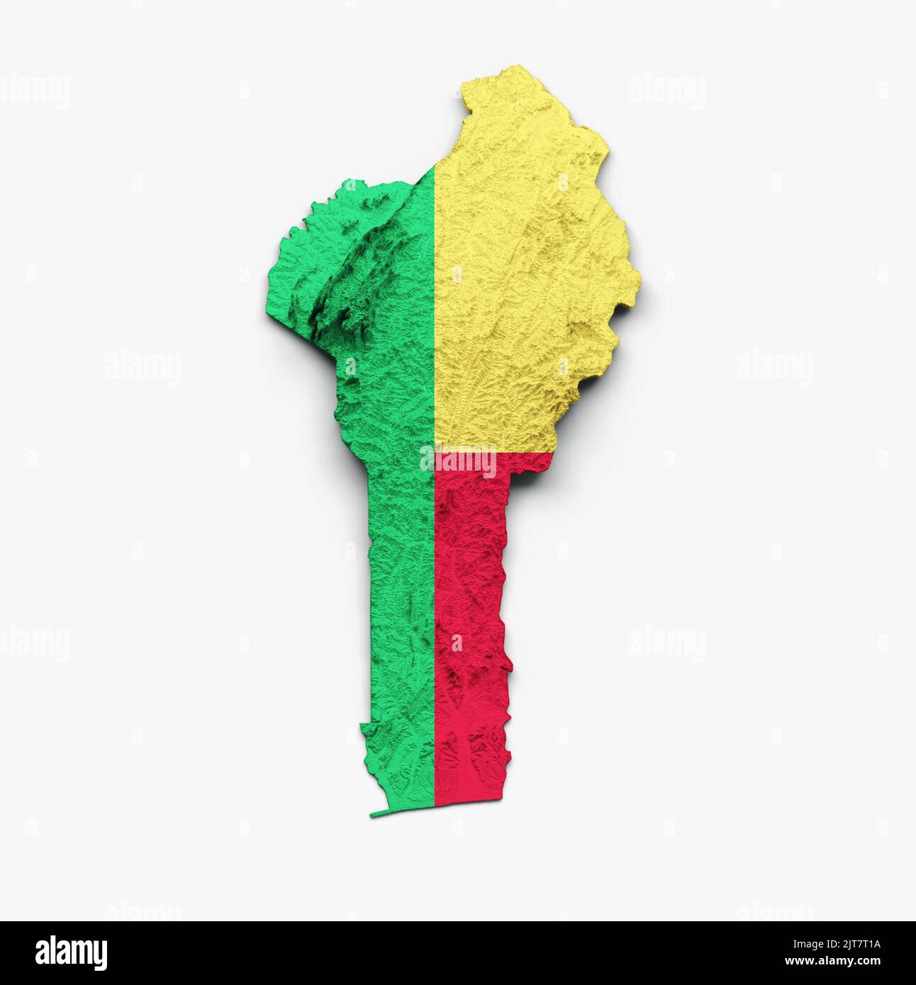Mappa Benin con Bandiera Benin colore rilievo ombreggiato su sfondo bianco, illustrazione 3D Foto Stock