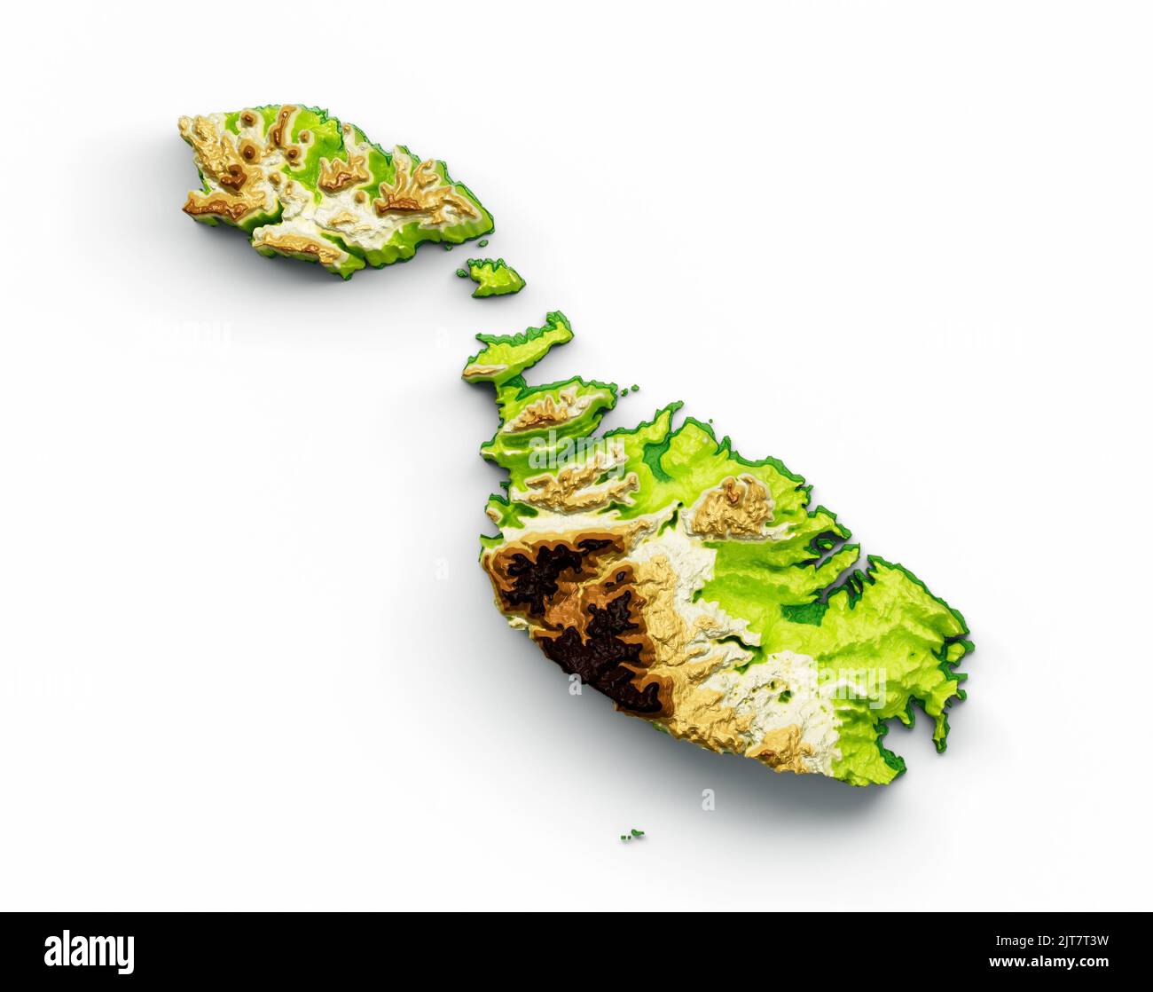 A Malta Map ombreggiato rilievo colore altezza su uno sfondo bianco, 3D illustrazione Foto Stock