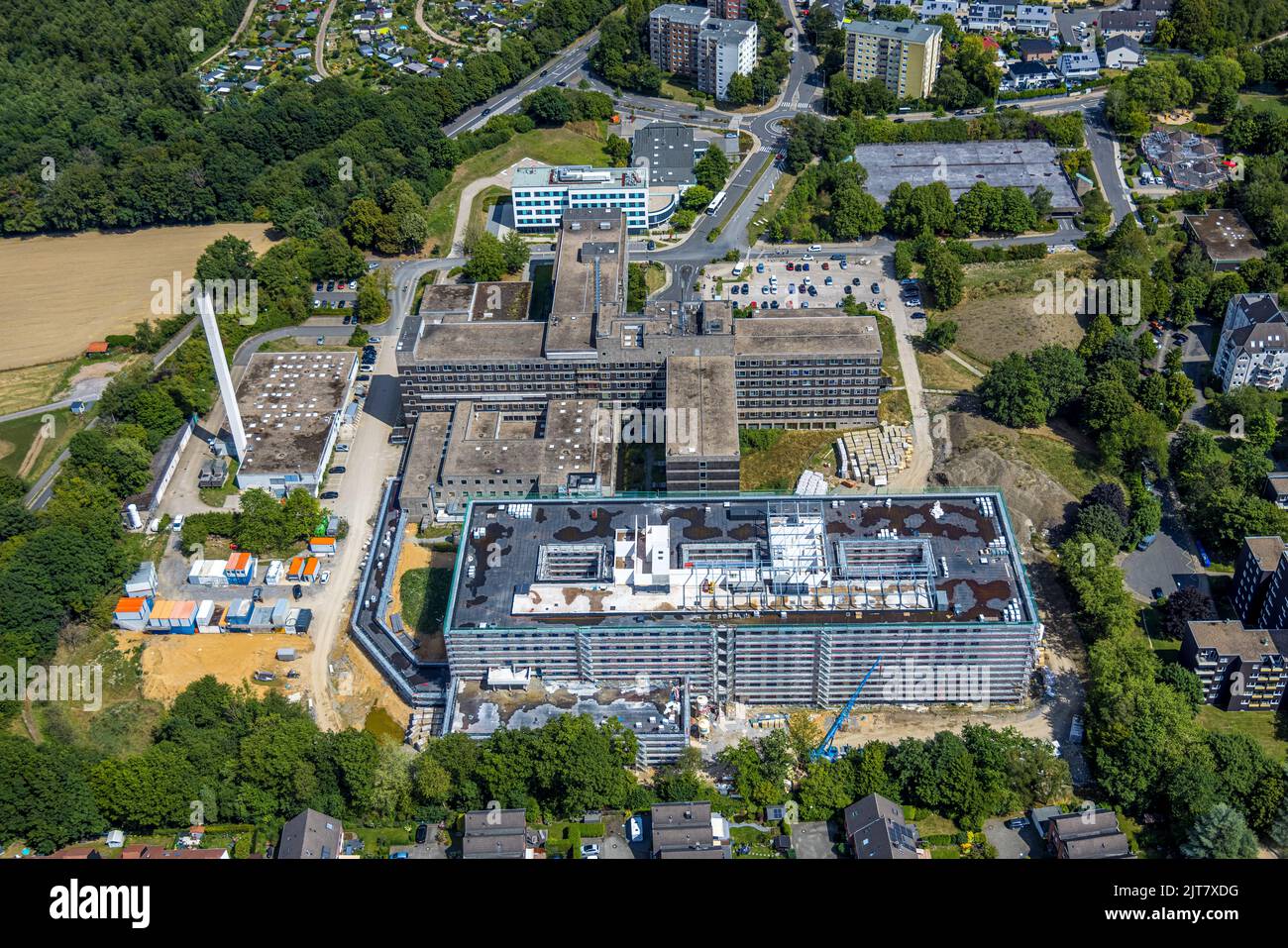 Vista aerea, cantiere con nuovo edificio a Helios Klinikum Niederberg, Velbert, Ruhr, Renania settentrionale-Vestfalia, Germania, lavori di costruzione Foto Stock