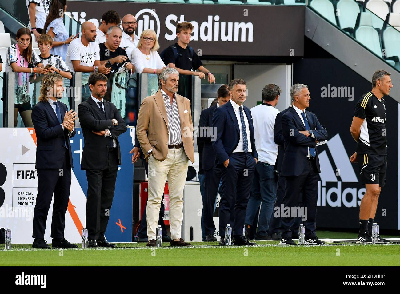 Andrea Agnelli Presidente della Juventus FC, Pavel Nedved Vicepresidente della Juventus FC, Maurizio Arrivabene A.D. della Juventus FC e Federico Cherubini ma Foto Stock