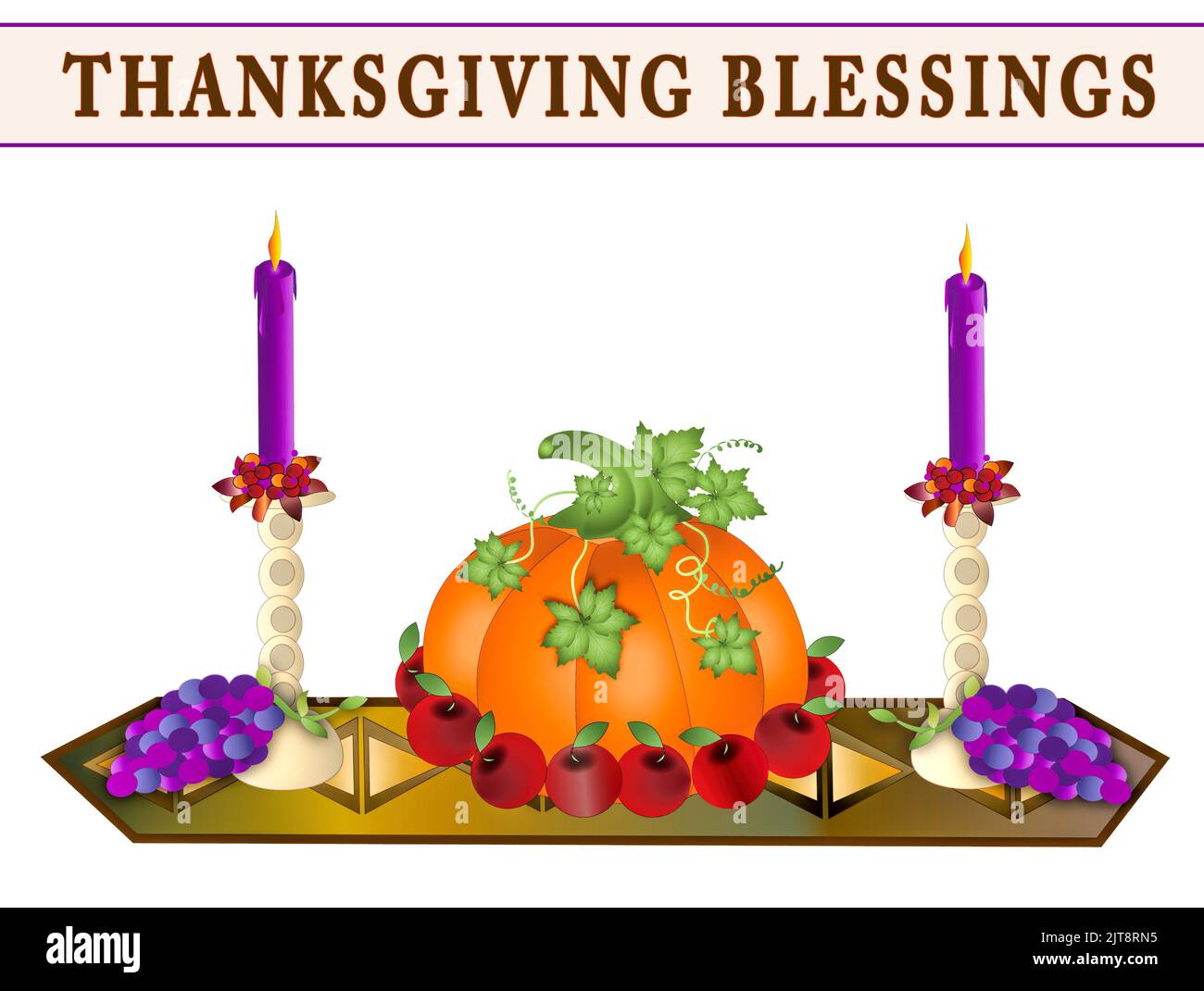 Corridore della tabella di ringraziamento con le candele, l'uva e la zucca circondate dalle mele. Grafico isolato su sfondo bianco. Foto Stock
