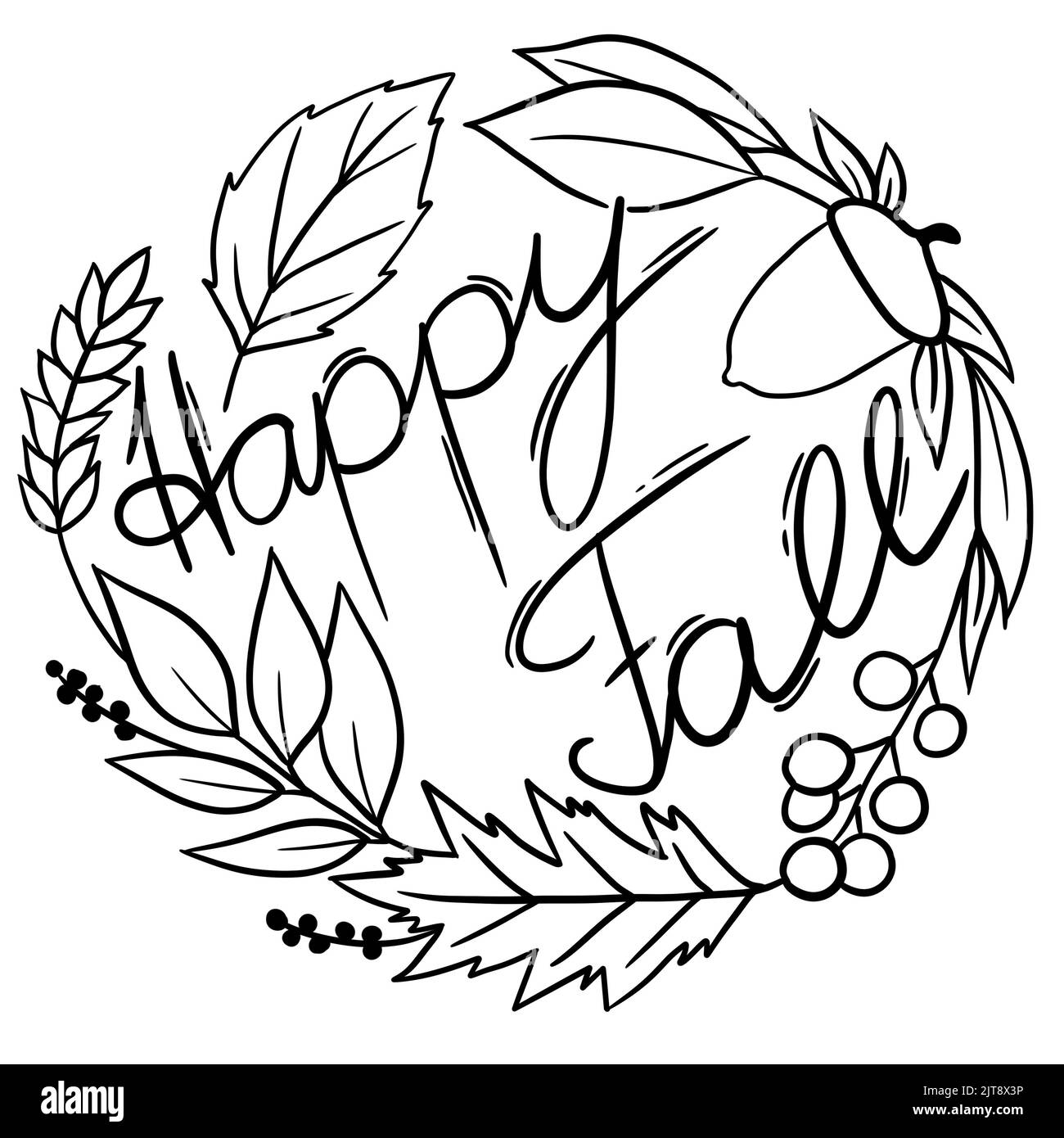 Cerchio rotondo nero illustrazione felice caduta con foglie di autunno acorno bacche. Linea nera contorno semplice minimalista natura legno legno bosco progettazione, per poster invito disegno Foto Stock