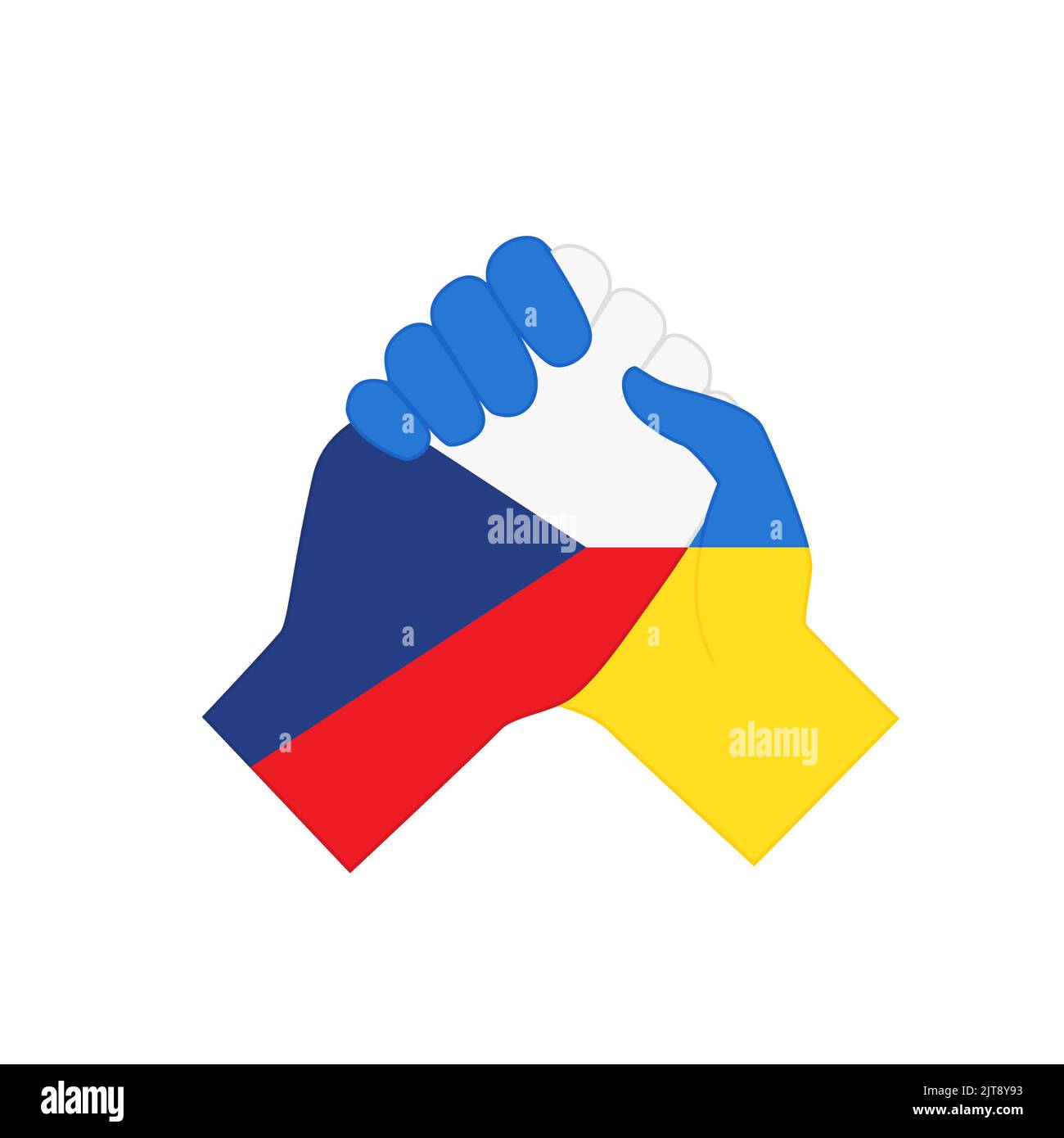 Le mani con le bandiere nazionali di Ucraina e Repubblica ceca che si scuotono a vicenda come segno di pace e partenariato. Accordo di pace, sostegno ai cittadini ucraini e l'esercito in guerra flat vettoriale illustrazione Illustrazione Vettoriale