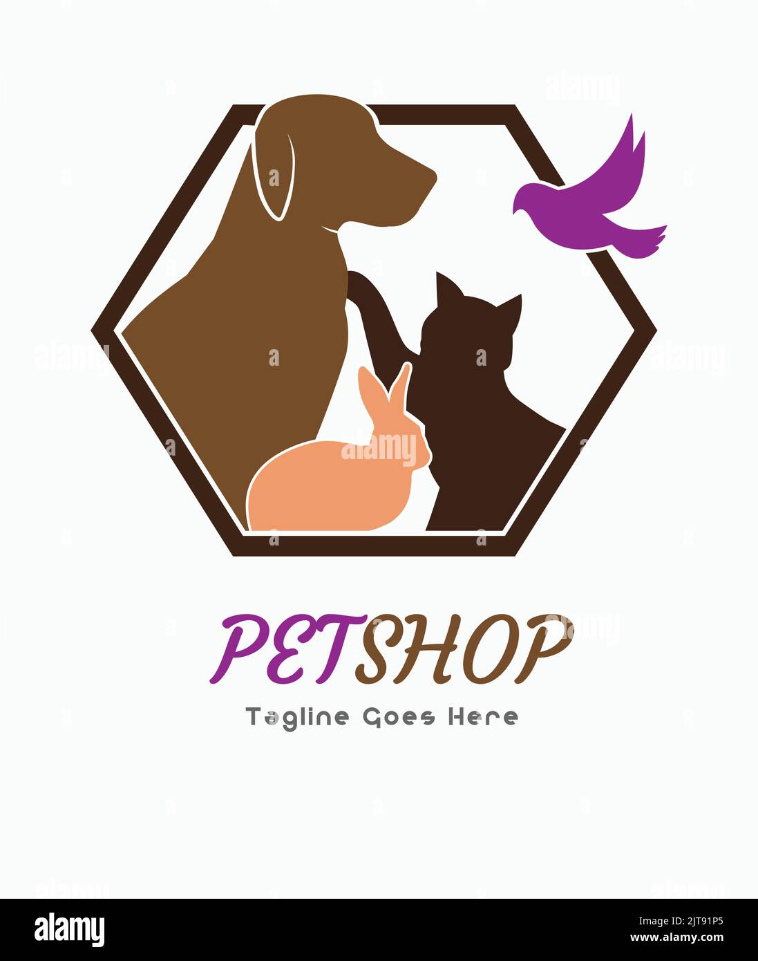 pet shop logo vettore cane gatto coniglio uccello con forma esagonale pet store logo animale care negozio carino coniglietto gatto cane migliore logo Illustrazione Vettoriale