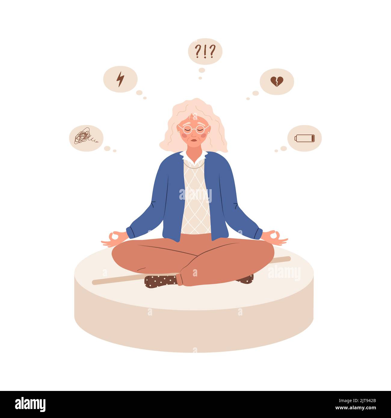 Donna triste è seduta su una grande pillola. Farmaci contro la depressione. Donna anziana infelice ha bisogno di aiuto medico. Concetto di malattia psicologica. Illustrazione vettoriale in piano Illustrazione Vettoriale