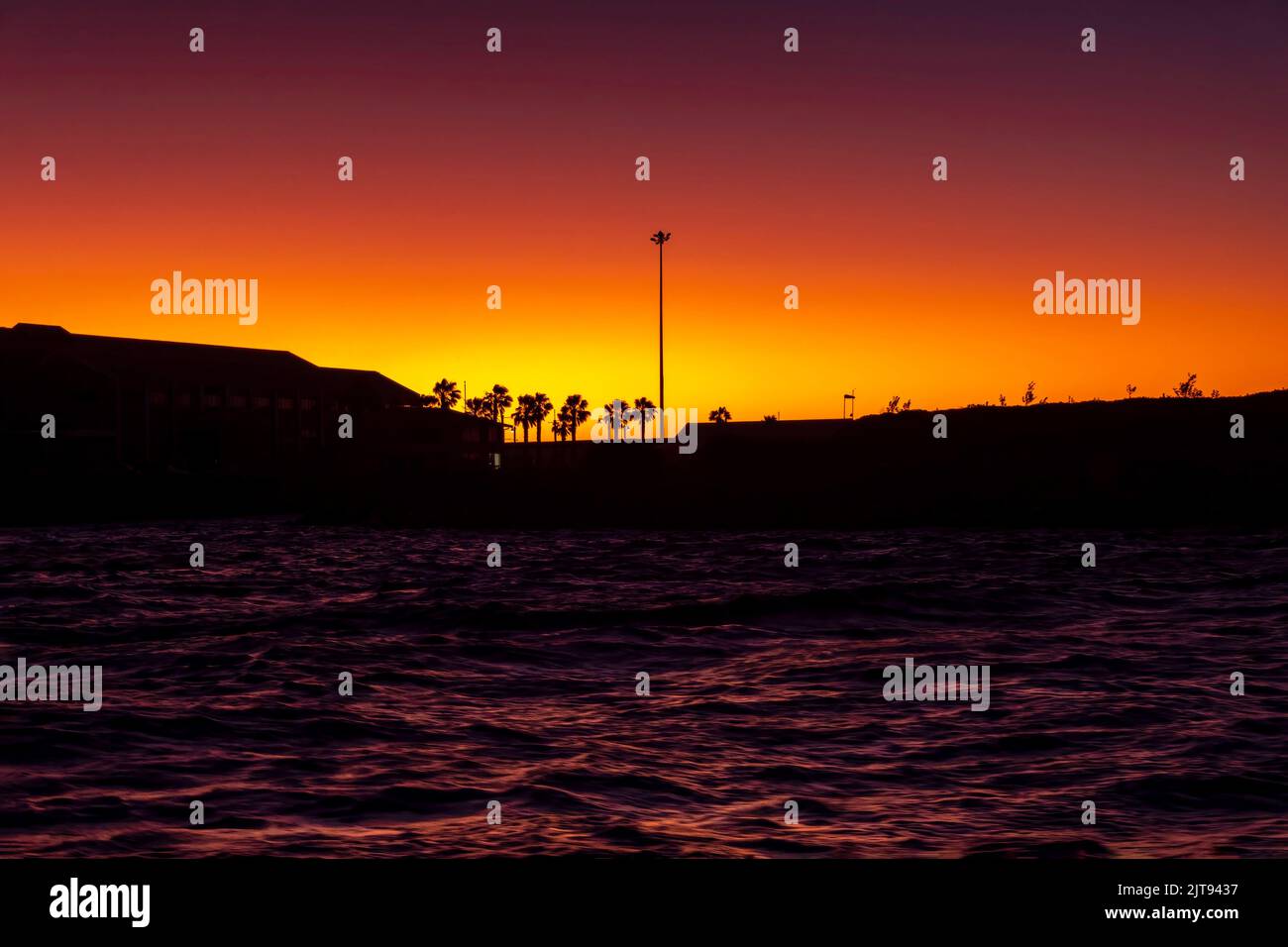 Le palme si sono definite in modo deciso contro gli audaci colori arancione e rosa di un cielo al tramonto Foto Stock