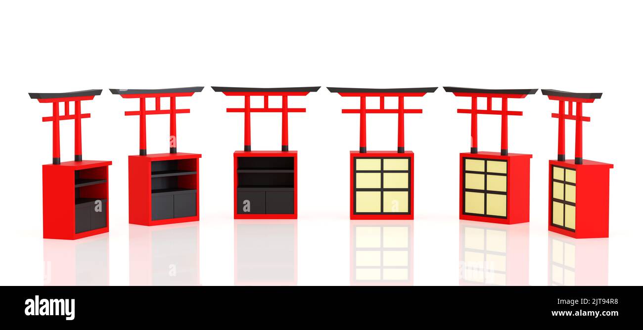Piccolo chiosco promozionale, mockup stand retail con cancello torii o asta giapponese rossa stile decorazione per stand esposizione, rendering 3D. Foto Stock