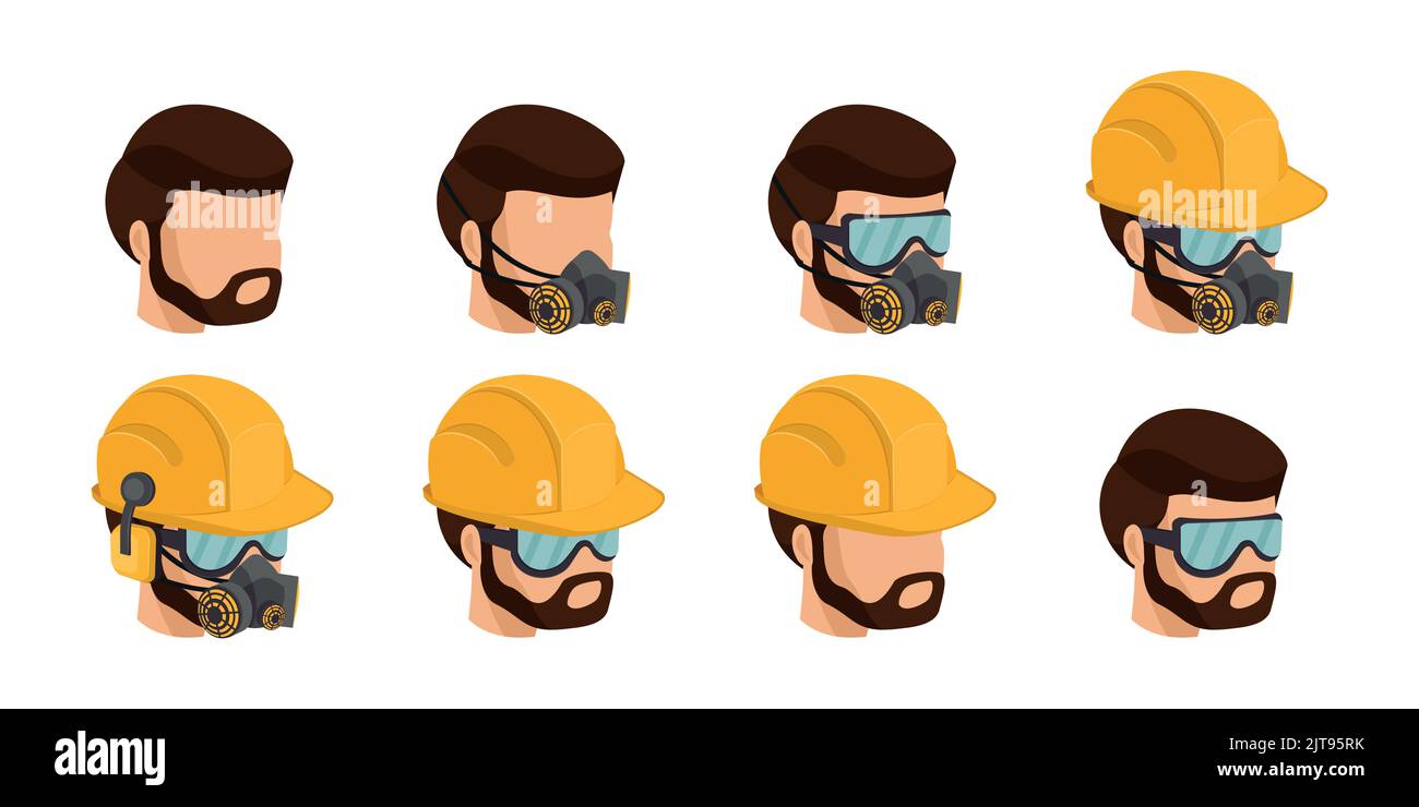 Set di lavoratori con i loro dispositivi di protezione individuale, elmetto di sicurezza, occhiali, cuffie e maschera industriale Illustrazione Vettoriale