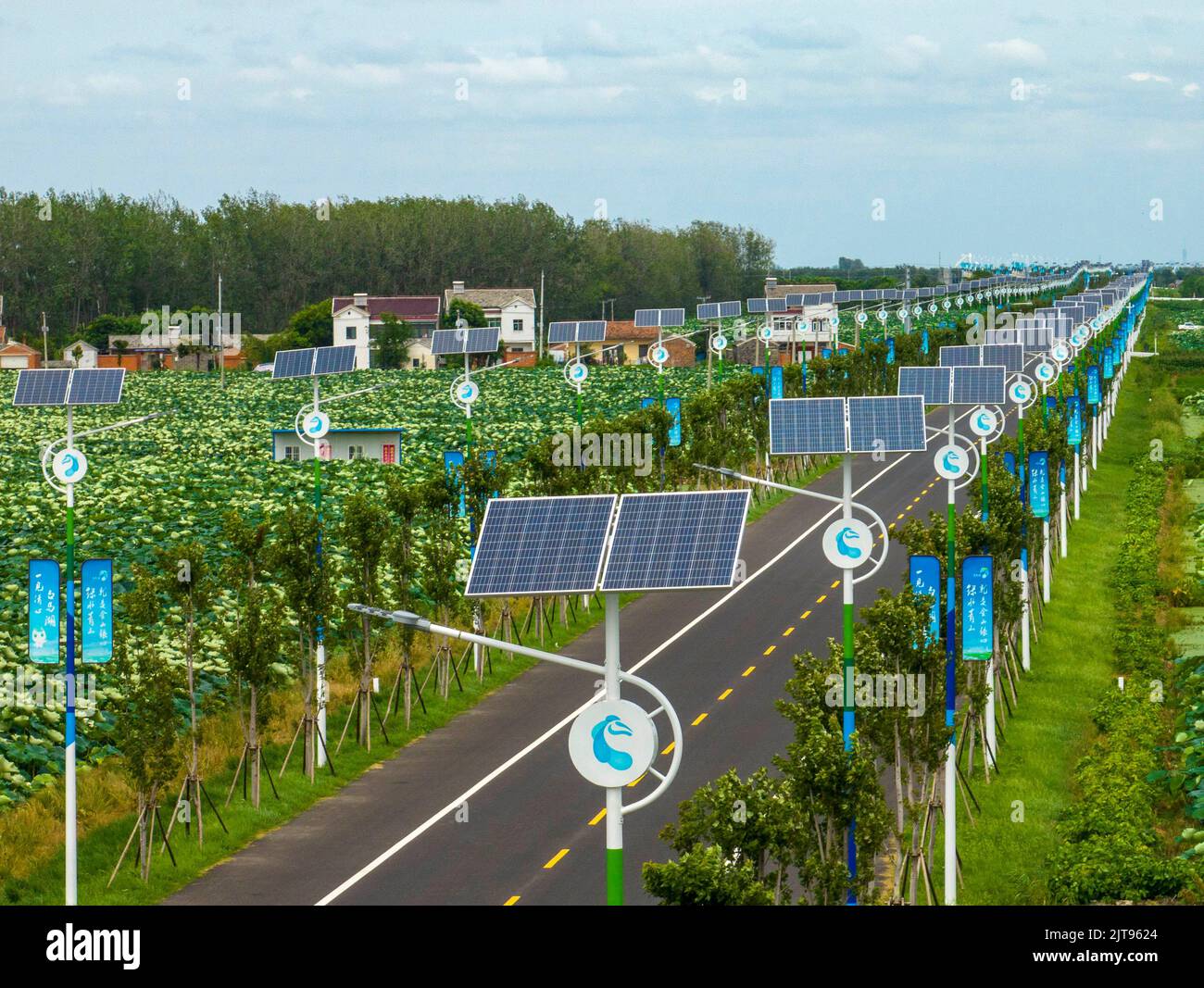 HUAI'AN, CINA - 28 AGOSTO 2022 - lampade da strada a energia solare sono viste lungo la strada sul lato sud del Baima Lake Bridge a Huai 'an, Cina orientale Foto Stock