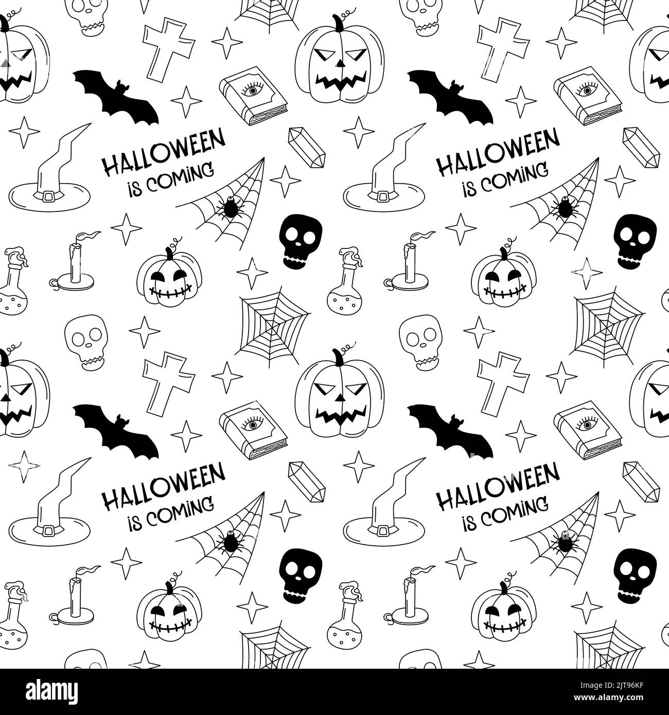 Modello di doodle di Halloween. Sfondo bianco e nero senza cuciture con simboli di Halloween spooky jack o lanterne, web, cranio, tomba. Illustrazione vettoriale wi Illustrazione Vettoriale