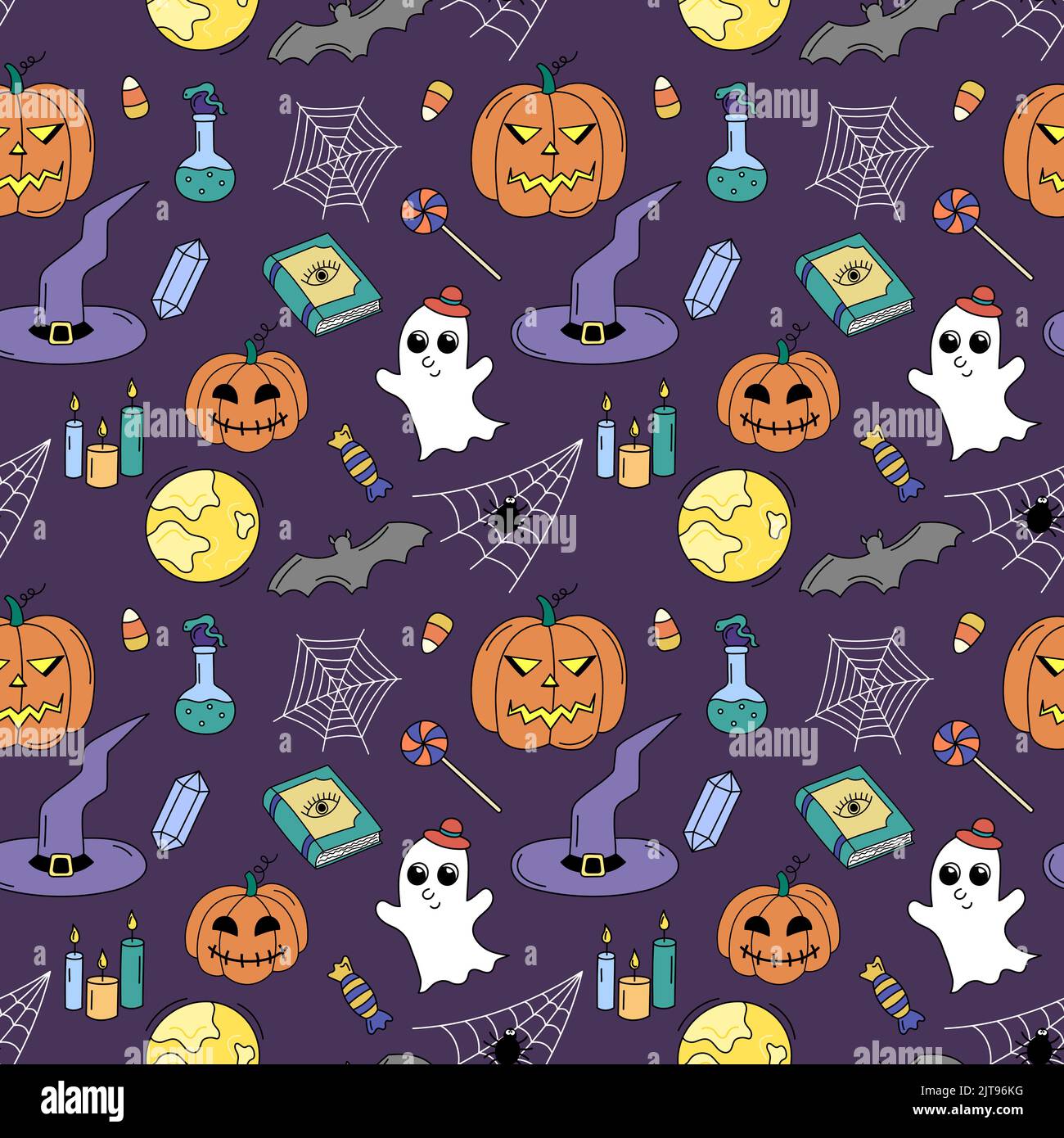 Halloween colorato Doodle modello. Sfondo senza cuciture Vector con simboli di vacanza autunnale jack lanterne, web, pipistrello, cappello strega. Ripetere l'illustrazione con Illustrazione Vettoriale
