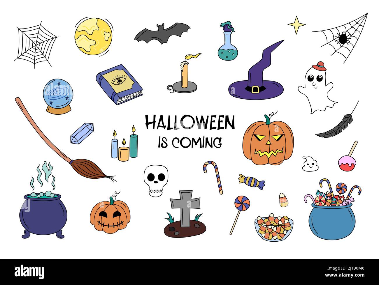 Set vettoriale di Halloween doodle Elements. Disegnati a mano colorati oggetti spaventosi isolati. Halloween scribble contorno lanterna di zucca, cavolro strega, vacanza s Illustrazione Vettoriale