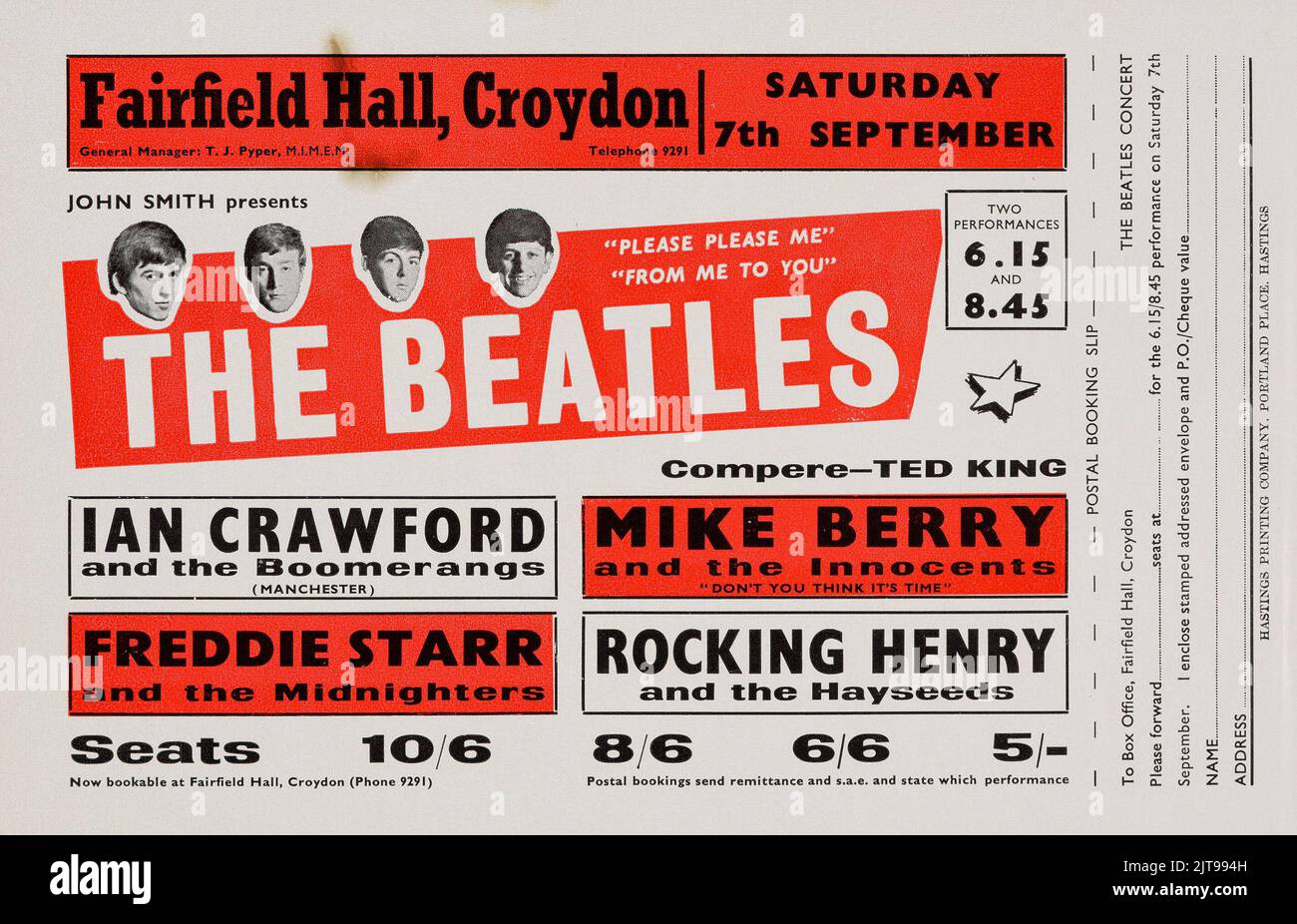 The Beatles Fairfield Hall Concert Handbill (1963) Croydon. 7th settembre 1963. Foto Stock