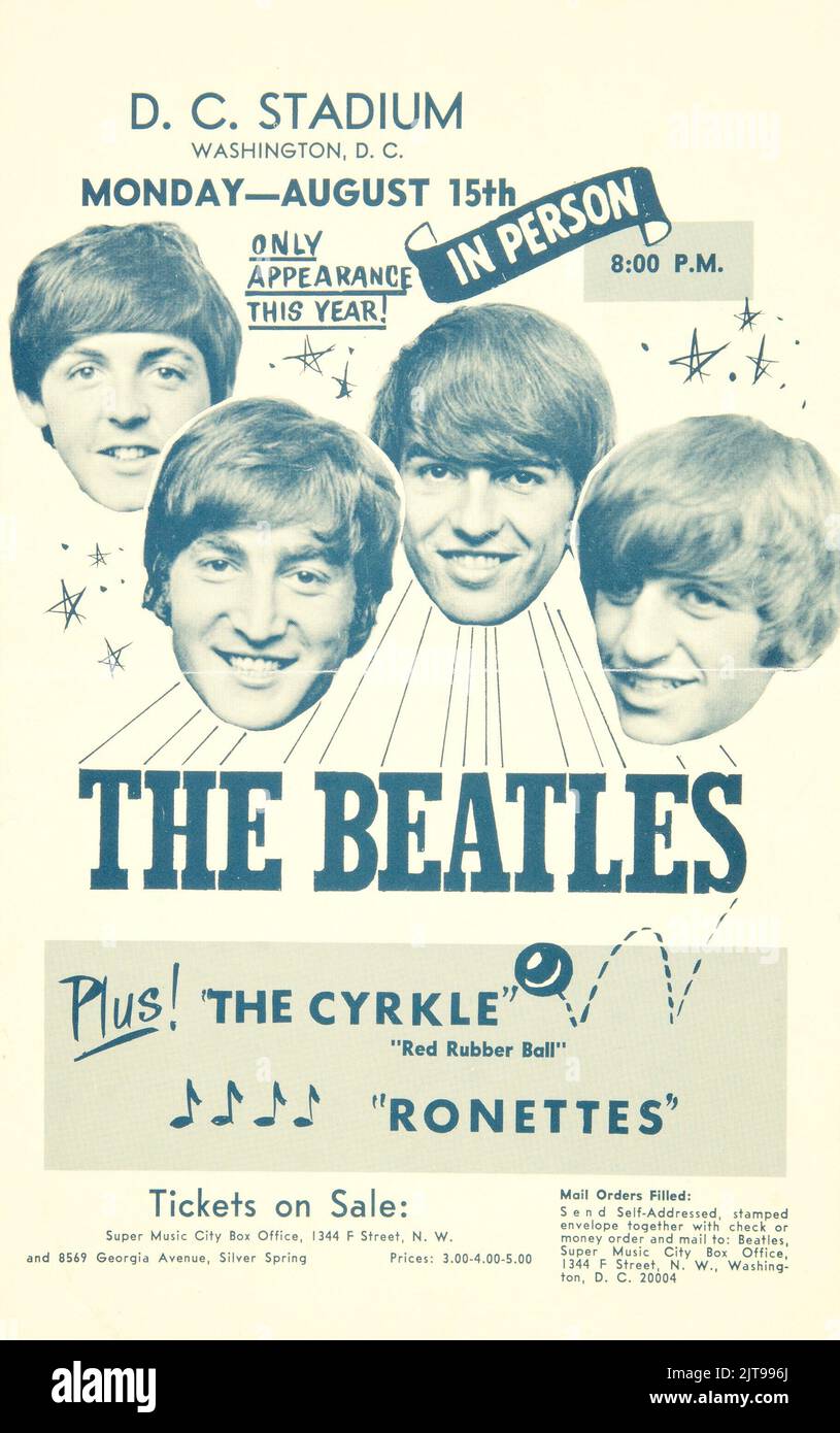 The Beatles, The Ronettes 1966 Washington D.C. Concert Handbill. Un volantino di concerto di carta per i Beatles che appare al D.C. Stadium di Washington, D.C. lunedì 15 agosto 1966 Foto Stock