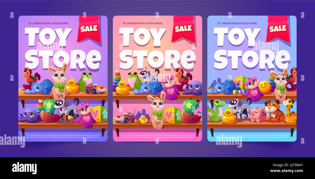 Set di modelli di volantini per la vendita di giocattoli. Collezione vettoriale di volantini con animaletti colorati, macchine telecomandate, robot sugli scaffali. Illustrazione dell'annuncio dello shopping del Black Friday Illustrazione Vettoriale Set di modelli di volantini per la vendita di giocattoli. Collezione vettoriale di volantini con animaletti colorati, macchine telecomandate, robot sugli scaffali. Illustrazione dell'annuncio dello shopping del Black Friday Illustrazione Vettoriale