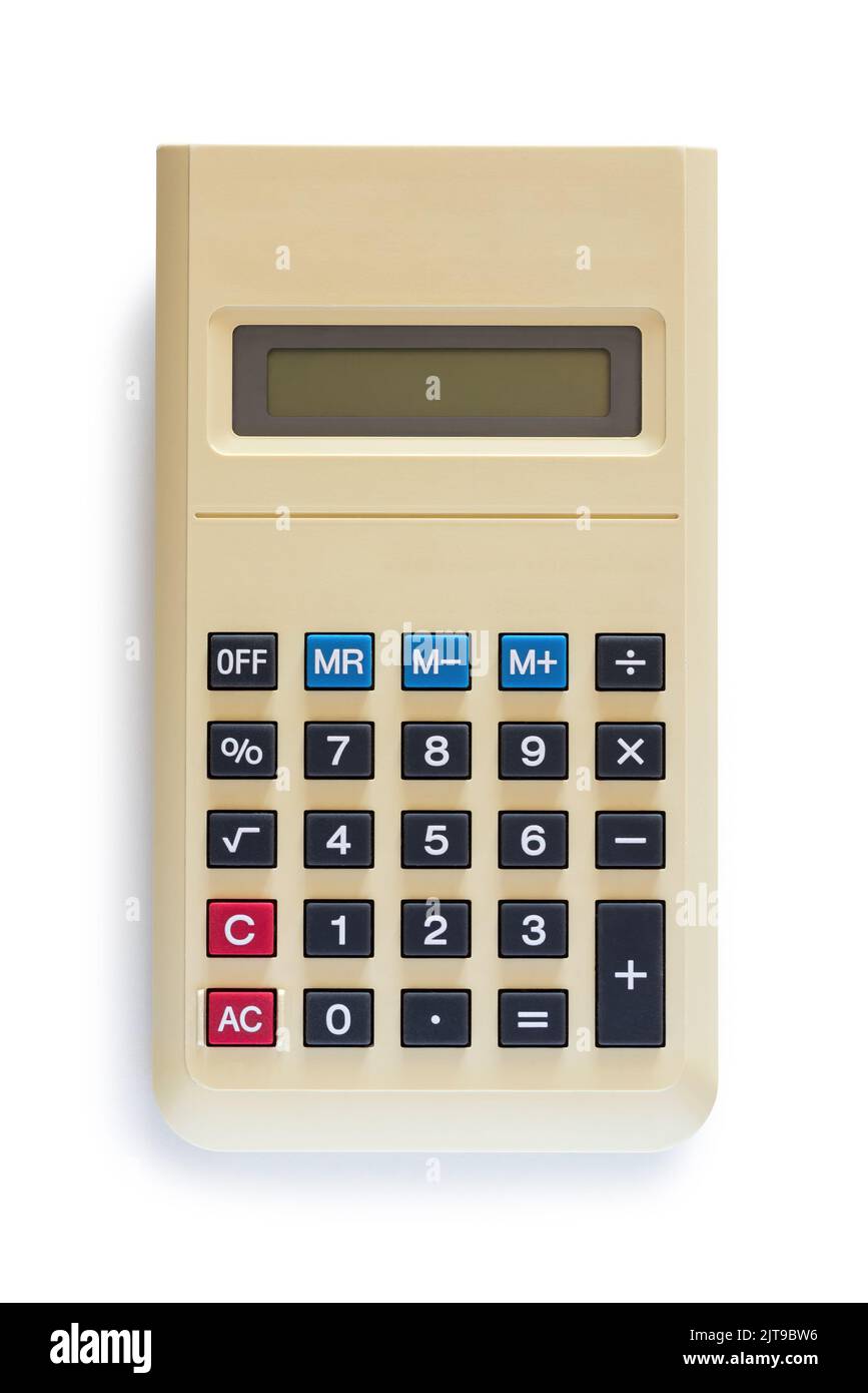 Calcolatrice per la vecchia casa isolata sul retro bianco Foto Stock