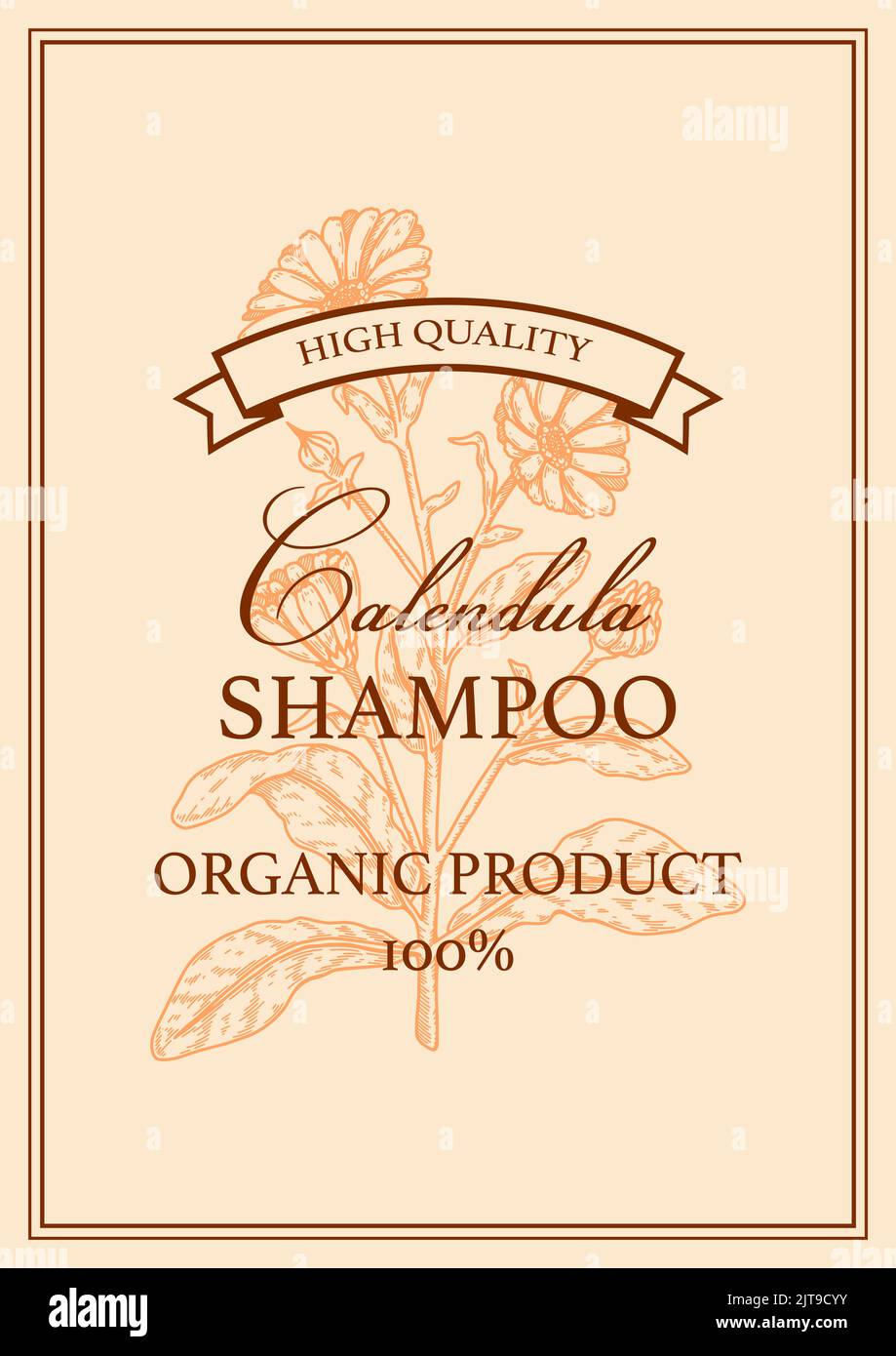 Design del packaging in calendula con elementi disegnati a mano. Illustrazione vettoriale nello stile di schizzo Illustrazione Vettoriale