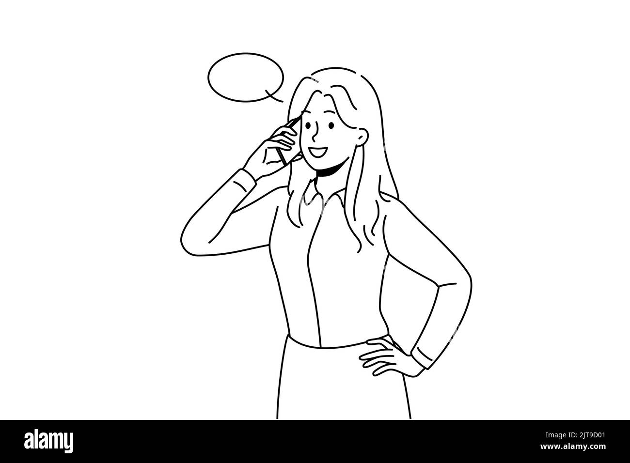 Giovane donna d'affari parlare sul cellulare con il cliente o cliente. Donna sorridente dipendente hanno cellulare conversazione. Comunicazione aziendale. Illustrazione vettoriale. Illustrazione Vettoriale