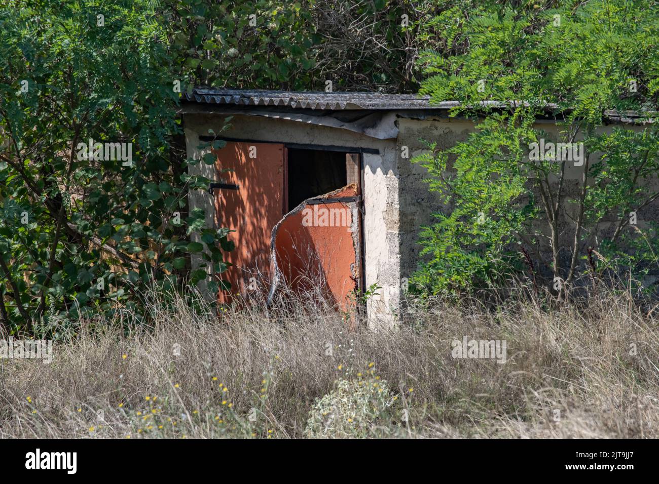 Abbandonato derelitto capannone con rotto porta aperta Foto Stock