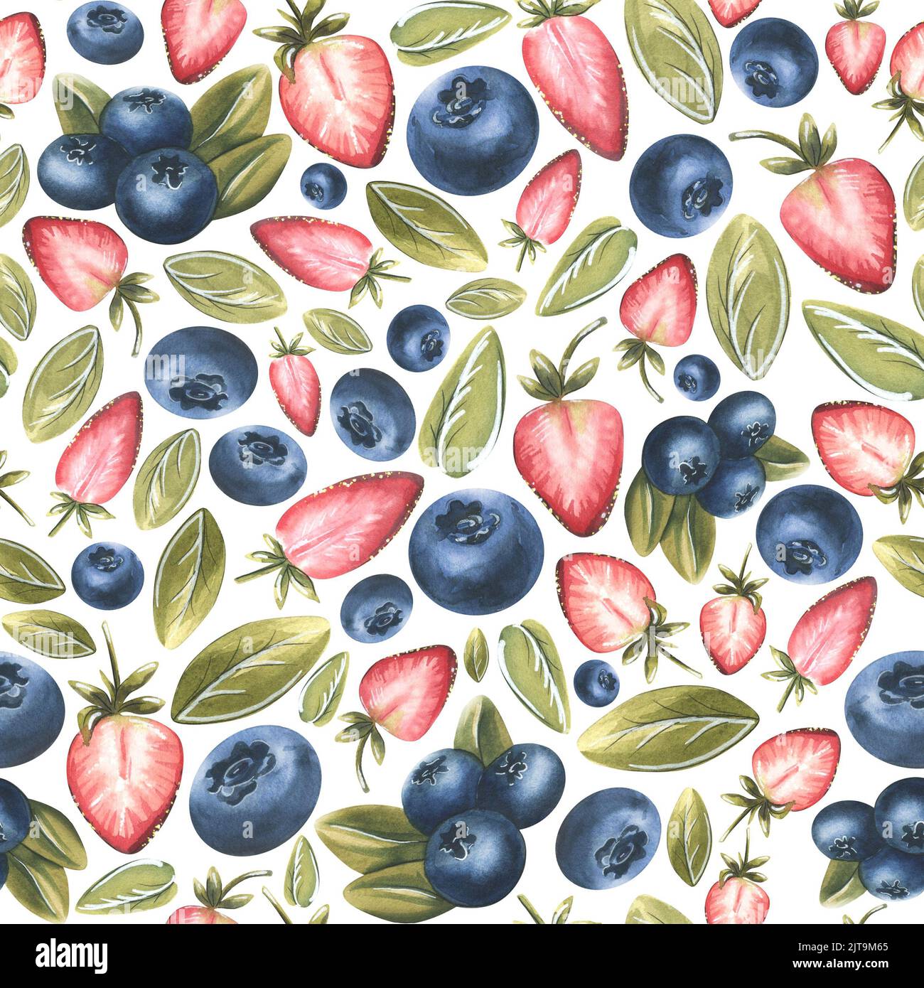 Fragole, mirtilli e foglie su fondo bianco. Illustrazione acquerello. Motivo senza cuciture da un grande set di DOLCI. Per tessuto, cucina Foto Stock