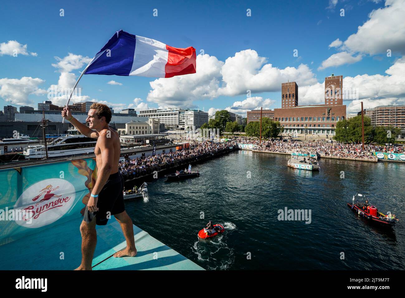 Oslo 20220827.Côme Girardot dalla Francia si prepara per il suo primo salto in Døds 2022, chiamato anche Campionato del mondo di Døds, a Raadhuskaia a Oslo. Foto: Heiko Junge / NTB Foto Stock