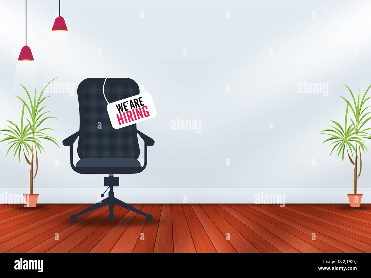 Interno ufficio vuoto con sedia e cartello vuoto. Stiamo assumendo il concetto di lavoro. Il concetto di assunzione e assunzione di un'azienda, Foto Stock