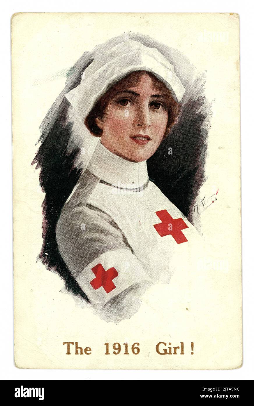 Cartolina a colori dell'epoca della prima guerra mondiale raffigurante un'attraente infermiera rossa, operai di guerra, la 1916 Girl, Regno Unito Foto Stock