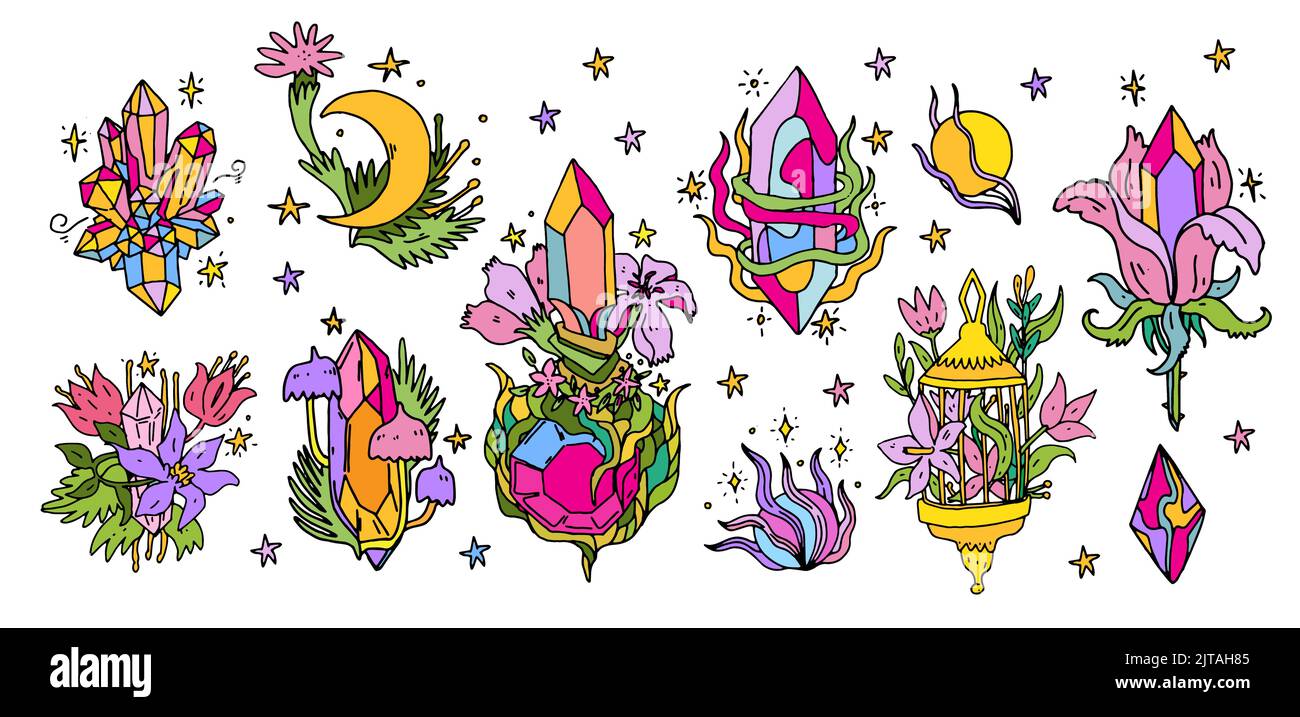 Set di cristalli e fiori magici. Illustrazione vettoriale disegnata a mano per maglietta, stampa, arredamento e design. Fantasy quarzo qrystals gemme con sorprendente fiore Illustrazione Vettoriale