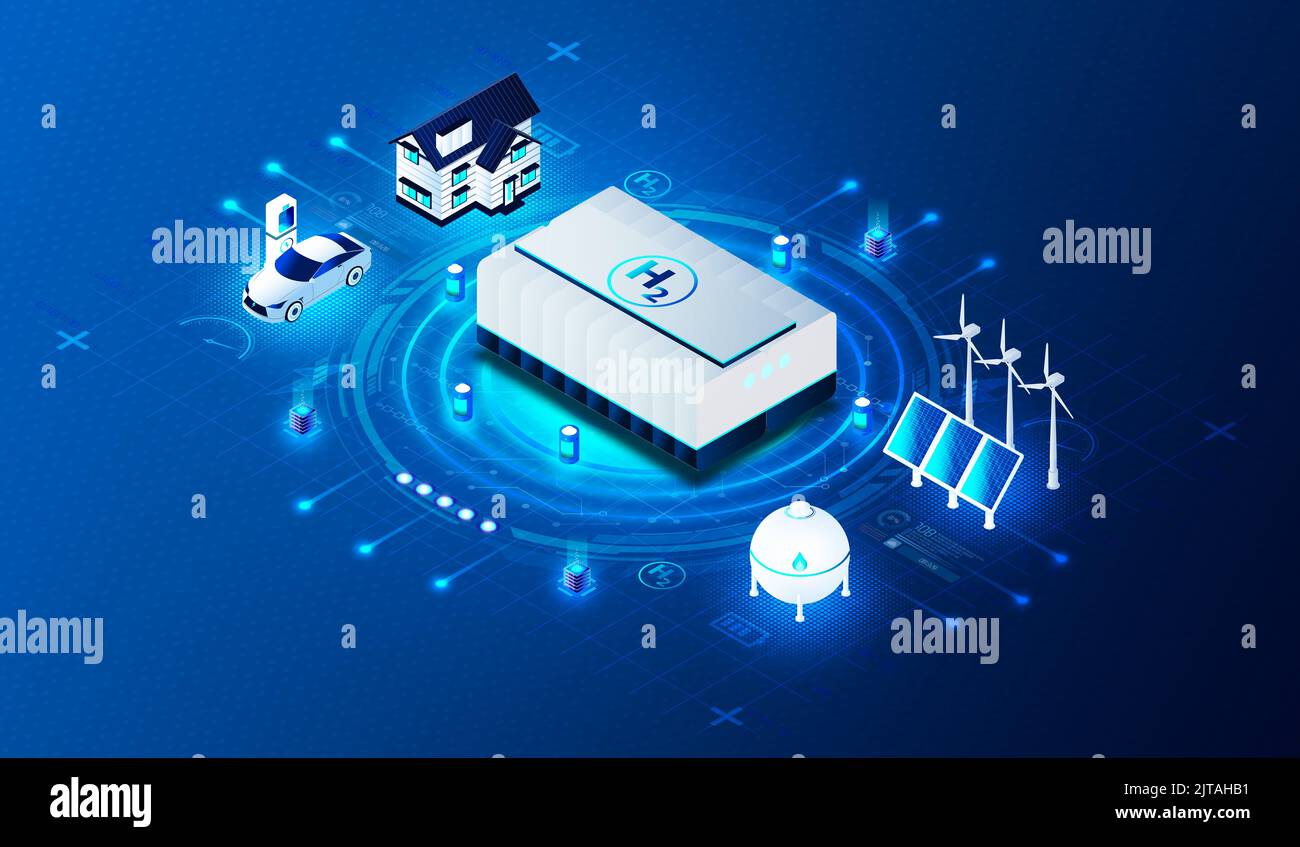 Hydrogen Energy Technologies Concept - fonti innovative e sostenibili di energia e generazione di energia a base di idrogeno - 3D Illustrazione Foto Stock
