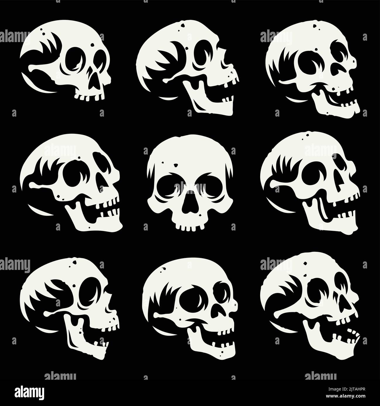 Set di illustrazioni di un cranio umano su sfondo nero Illustrazione Vettoriale