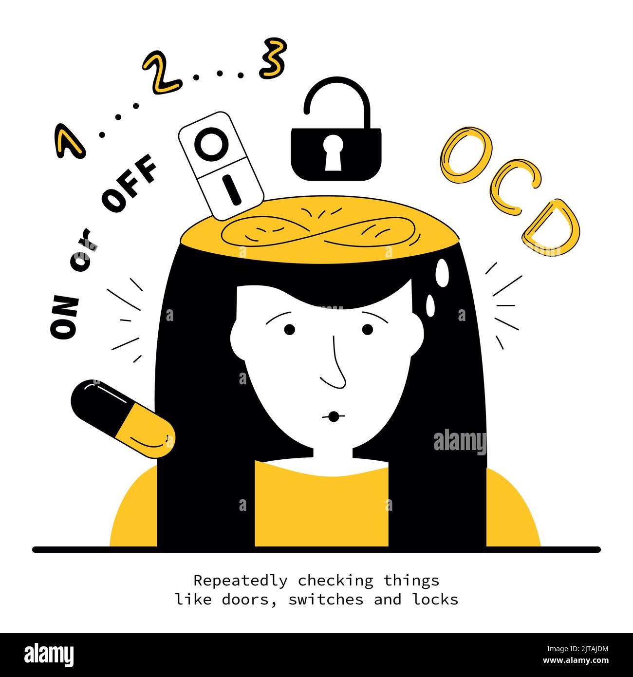 Le donne hanno sindrome OCD e pensieri intrusivi e facendo cose di controllo illogiche. Illustrazione vettoriale disturbi ossessivi compulsivi sintomi umani Illustrazione Vettoriale