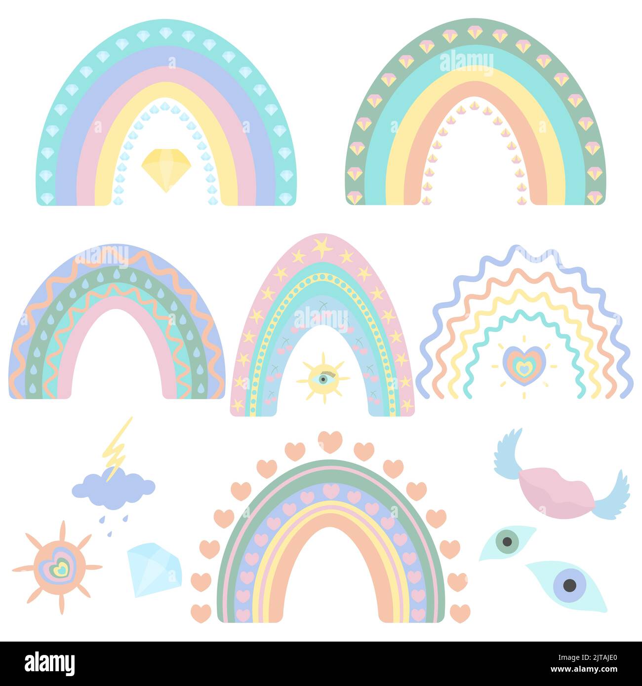 Arcobaleno. Set vettoriale di illustrazioni. Sfondo bianco isolato. Stile boho. Collezione colorata. Un fenomeno naturale sorprendente. Motivazioni etniche. Illustrazione Vettoriale