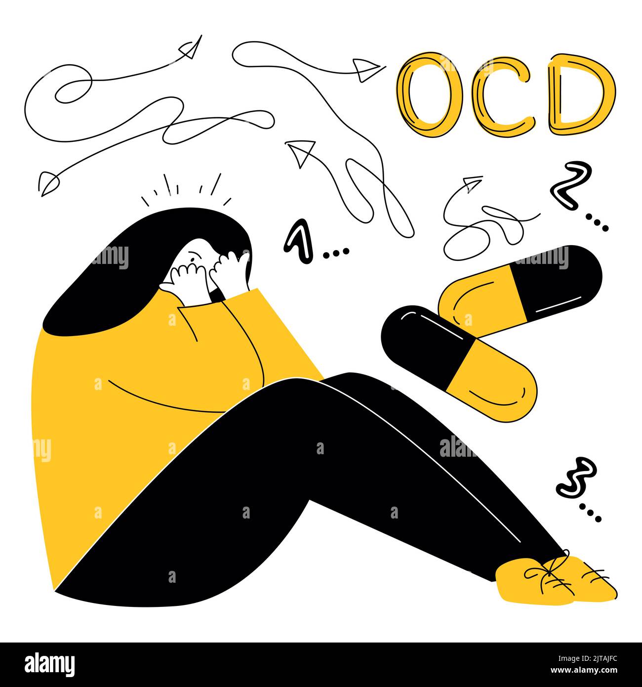 Le donne hanno disturbo ossessivo compulsivo sindrome e pensieri intrusivi per il conteggio. Illustrazione vettoriale OCD sintomi di paura umana, neurosi e. Illustrazione Vettoriale