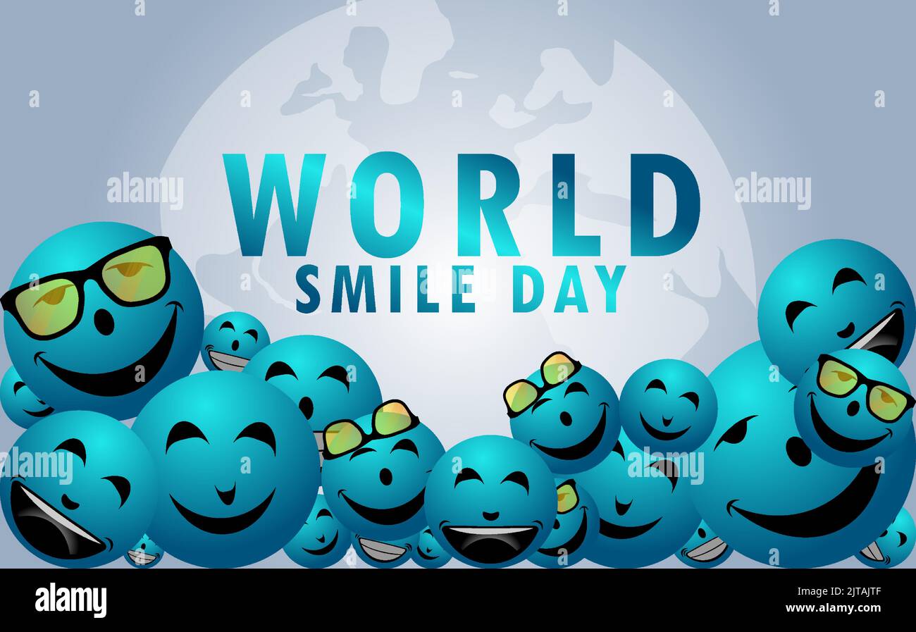 Grafica vettoriale del giorno del sorriso del mondo, un sacco di palline blu con volti sorridenti buona per la celebrazione del giorno del sorriso del mondo, design piatto, design della brochure, poster, pam Illustrazione Vettoriale