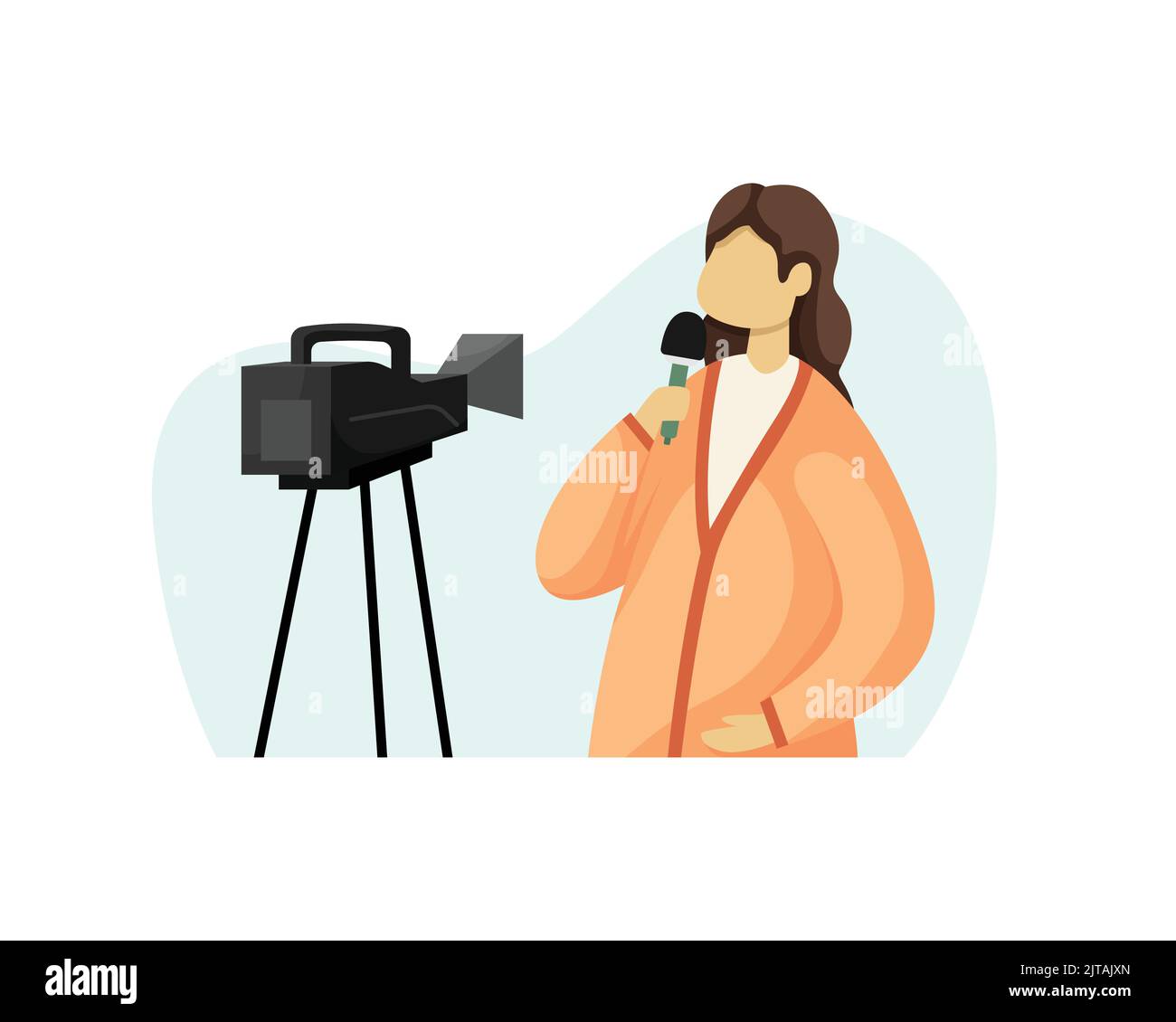Illustrazione vettoriale di una corrispondente femmina che registra un rapporto su una videocamera. Stile piatto Illustrazione Vettoriale